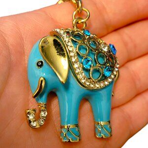 Elephant Purse Charm or Keychain, Teal with Gold and Faux Crystal Accents EUC